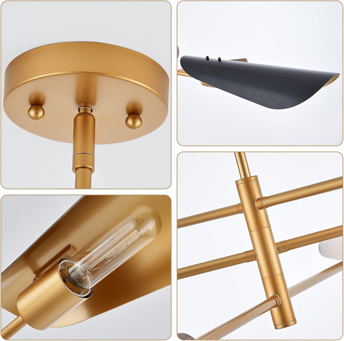 51" Industrial Farmhouse Chandelier with Antique Brass Brush Paint and Matt Black Finish, Wood Pendant Lighting Fixture for Dining Room Living Room Kitchen Island Bedroom 3-Light