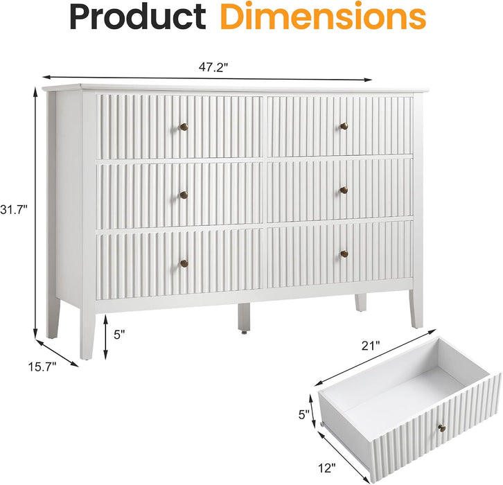 White 6 Drawer Dresser for Bedroom, Fluted Painted Wood Chest of Drawers, Modern TV Stand Storage Cabinet for Living Room, Entryway, 47" W X 16" D X 32" H
