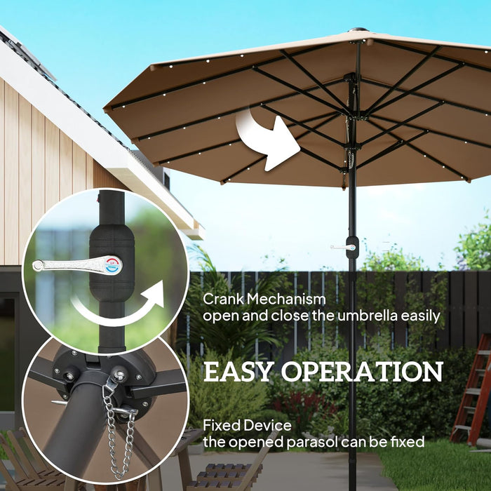 14.4Ft Large Patio Umbrella with 36 Solar LED Lights, Double Sided Outdoor Umbrella with Base Included