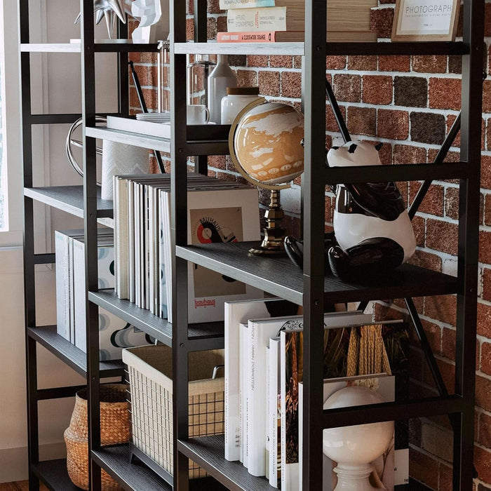 Bookcases and Bookshelves Triple Wide 5 Tiers Industrial Bookshelf, Large Etagere Bookshelf Open Display Shelves with Metal Frame for Living Room Bedroom Home Office