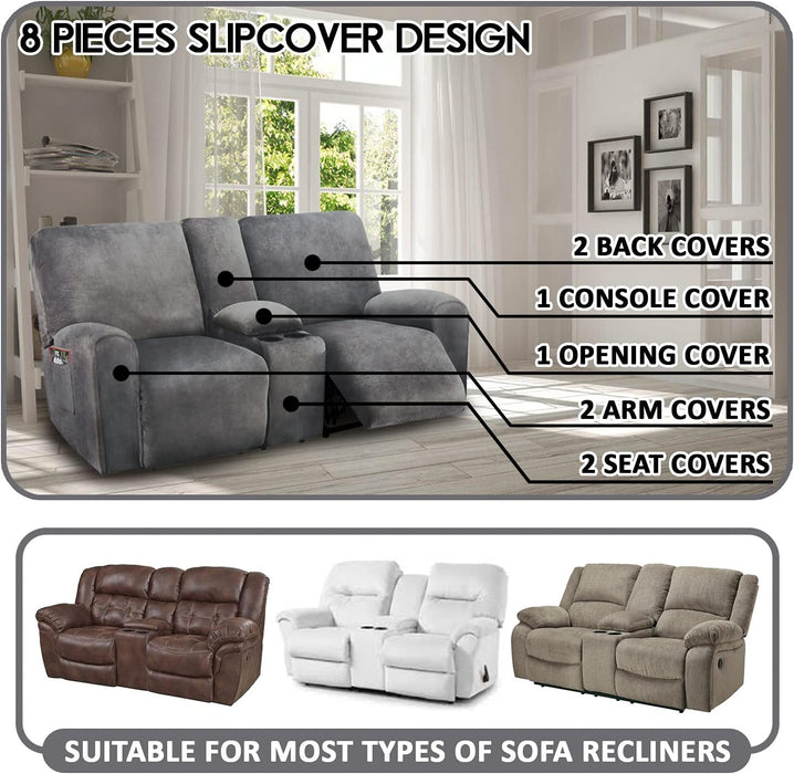 Reclining Loveseat with Middle Console Slipcover, 8-Piece Velvet Stretch Sofa Covers, 2 Seat Loveseat Recliner Cover, Thick, Soft, Washable(Dark Grey)