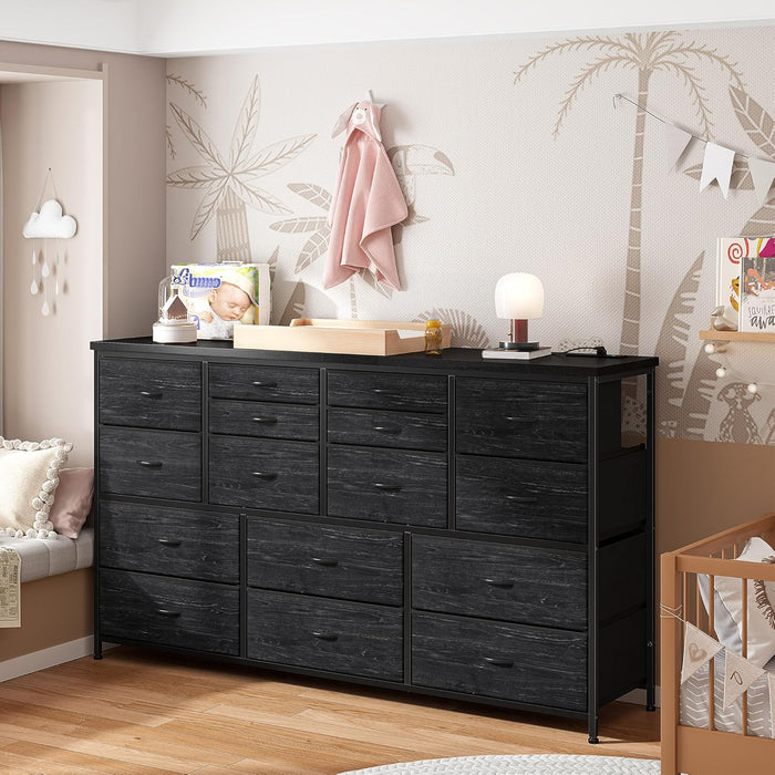 16 Drawer TV Stand Black Dresser 51"W for 60" TV – Long Dresser with 3 Power Outlets & 2 Ports, 374 LBS Load-Bearing Capacity, Space Saving Entertainment Center for Small Bedroom, Dorm, Living Room