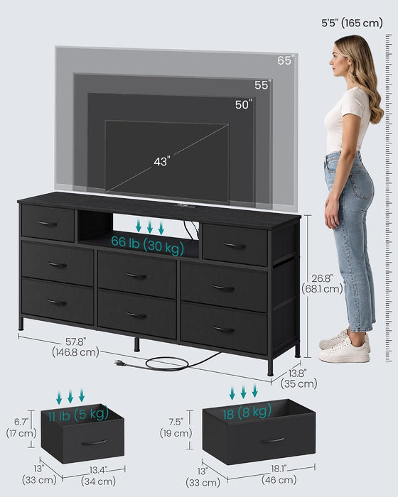 Dresser for Bedroom with Outlets & LED Lights, 8 Fabric Drawers