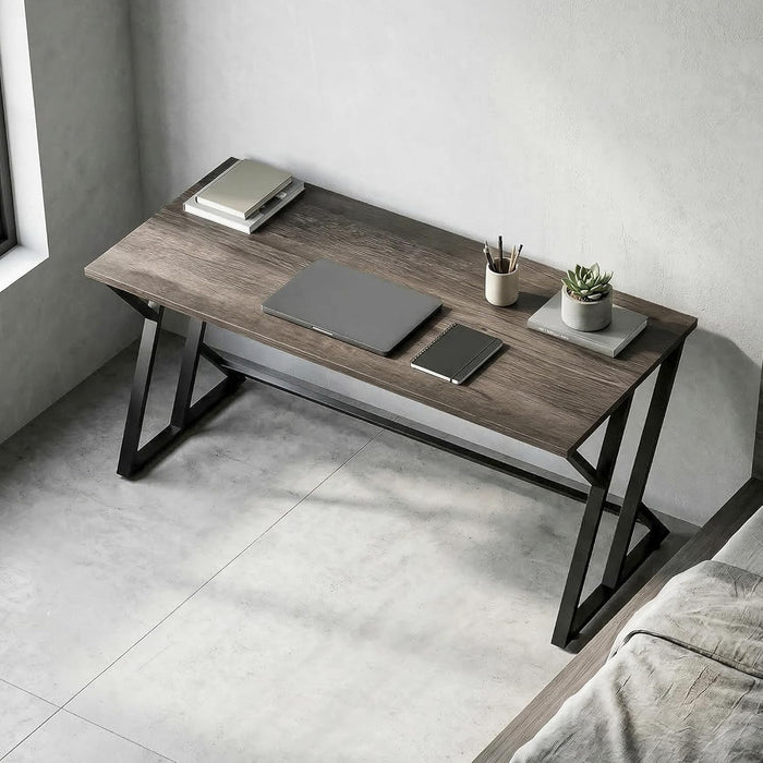55 Inch Computer Desk, Industrial Writing Desk with Z-Shaped Metal Leg, Study Table for Home Office, Bedroom, Small Spaces, Distressed Gray