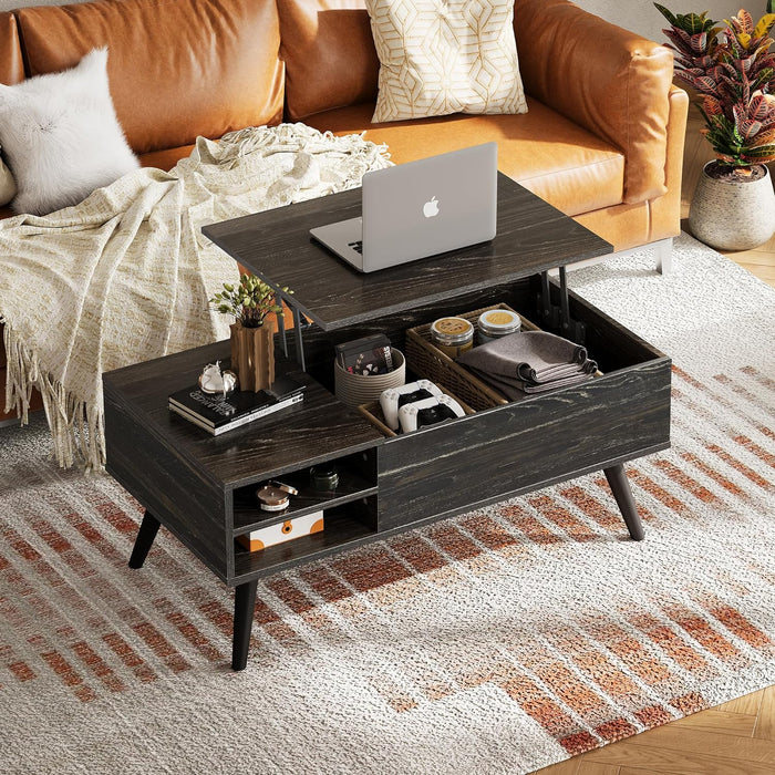 Wood Lift Top Coffee Table with Hidden Compartment and Adjustable Storage Shelf, Lift Tabletop Dining Table for Home Living Room, Office, Charcoal Black