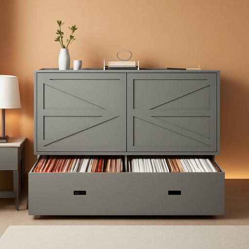 Full Murphy Bed with Mattresses and Charging Stations and Storage Drawer, Farmhouse Murphy Cabinet Bed with Foldable Panel, Noisy Free, for Guest Bedroom, Living Room, Gray