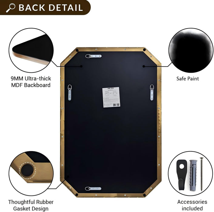 Gold Octagon Bathroom Mirror, 24X36 Inch Stainless Steel Metal Frame, Anti-Rust, Shatterproof HD Glass, Wall Mounted for Bathroom, Bedroom, Living Room