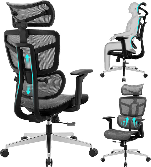 Ergonomic Office Chair, High Back Mesh Home Office Desk Chair with Adjustable Backrest & Lumbar & Wide Cushion, Big Tall Computer Task Chair with Adjustable Armrests & 90°-135° Tlit