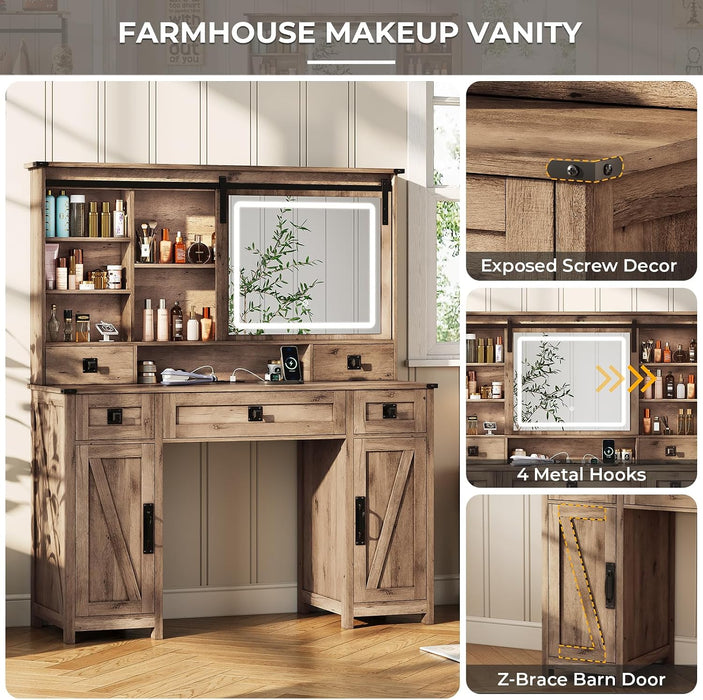 Rustic Oak FortySevenPointTwoInch Makeup Vanity Desk IntegratedLighting