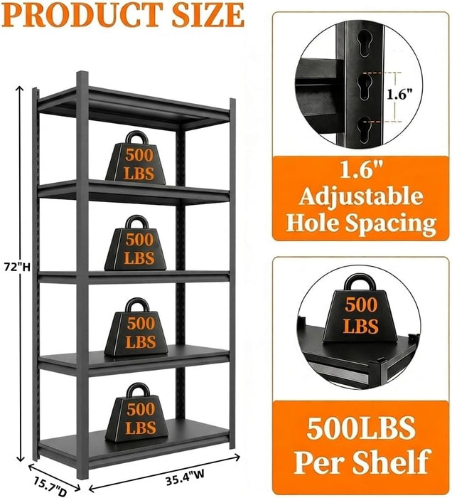 5 Tier Heavy Duty Metal Bookshelf with Adjustable Storage Shelf | Adjustable Boltless Industrial Black Bookcase, Reinforced Steel Frame Anti-Tip 72" Tall Bookcase for Home Office Living Room