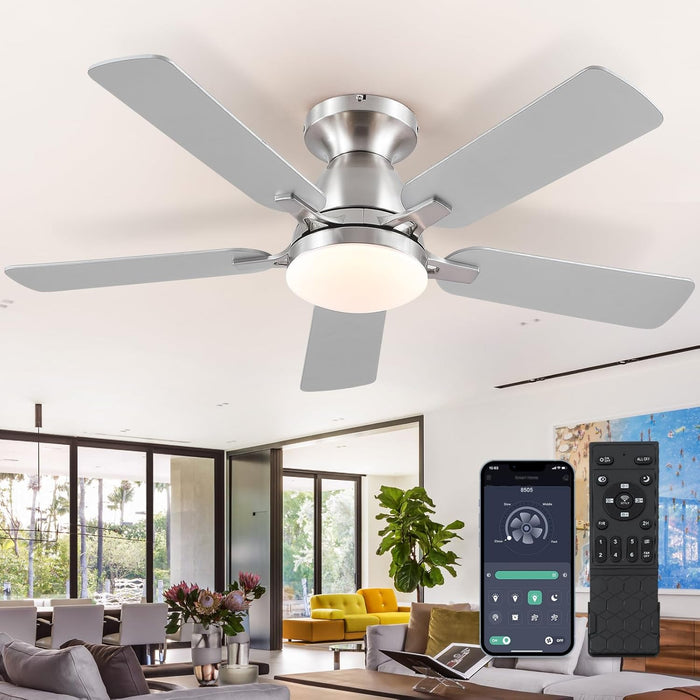 Ceiling Fans with Lights and Remote/App Control,46" Flush Mount Ceiling Fan Dimmable DC Motor，Low Profile Ceiling Fan for Bedroom,Living Room,Brushed Nickel