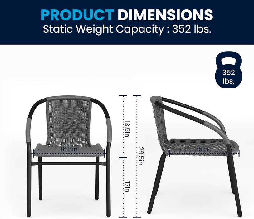 3-Piece Patio Dining Set with round Glass Metal Table and 2 Stackable Rattan Chairs, Indoor/Outdoor Bistro Table and Chairs Set, Gray