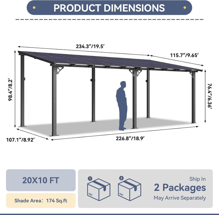 10X20Ft Lean to Gazebo, Hardtop Metal Pergola with Polycarbonate Roof, Large Wall Mounted Heavy Duty Awnings, Patio Canopy for Backyard, Deck, Porch
