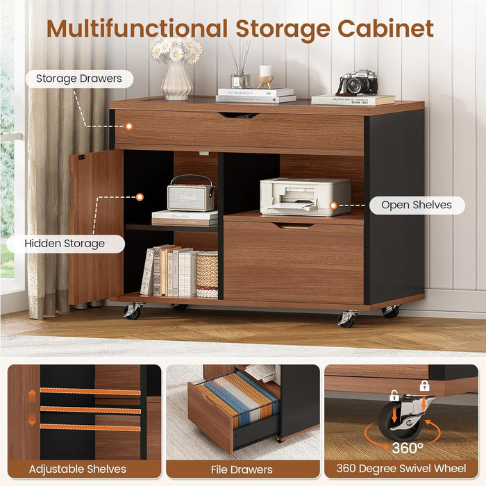 L Shaped Computer Desk with Mobile File Cabinet & Power Outlets, Executive Home Office Desk with Storage Drawers, Pegboard, Cable Management, Reversible L Desk for Work & Gaming, Black + Brown
