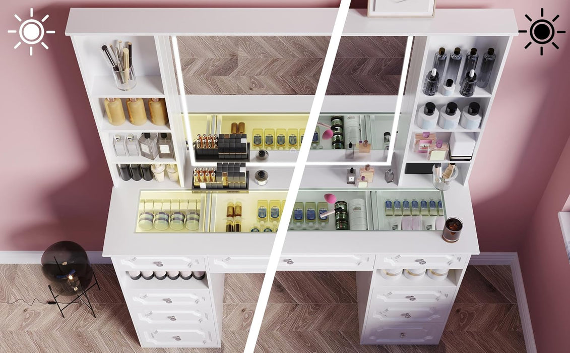 Vanity with Mirror and Light, Vanity with Glass Top and 9 Drawers, Dresser Set with Storage Bench, Adjustable Brightness Dresser (White, Glass Table-B)