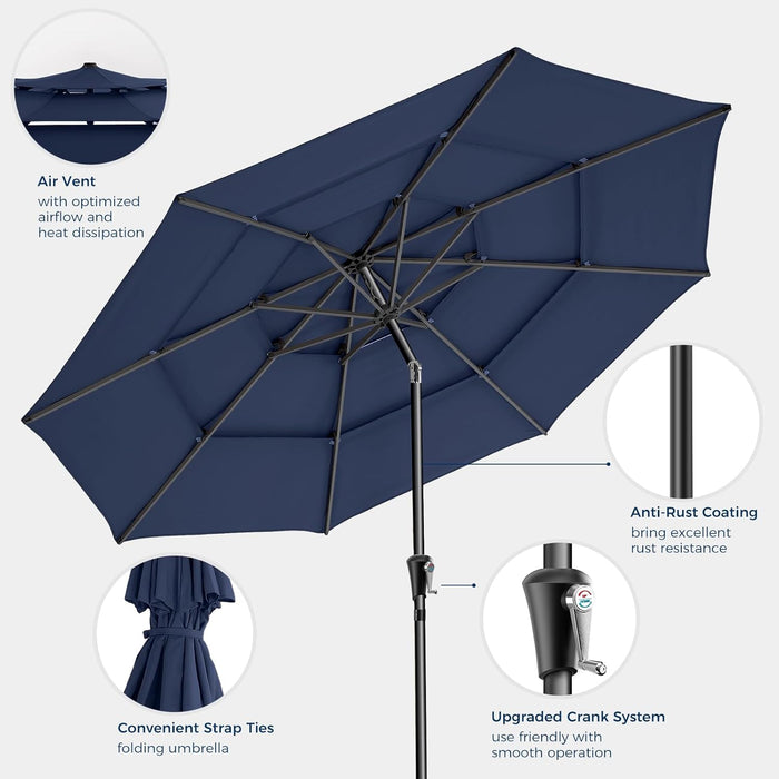 9FT 3-Tiers Outdoor Patio Umbrella with 5-Year Fade Resistant,Vented Outdoor Commercial Market Umbrella with UPF50+ UV Protection & Push Button Tilt and Crank for Pool,Backyard(Navy Blue)