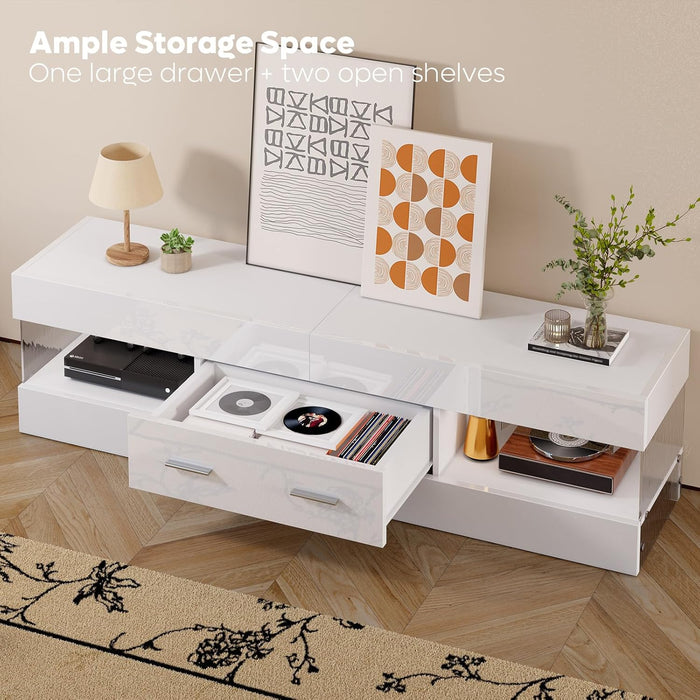 TV Stand for 55/60/65 Inch TV, High Gloss Modern TV Stand with Stone-Patterned Side Panels, LED Entertainment Center with Large Drawer, TV Consoles for Living Room, Bedroom (Glossy White)