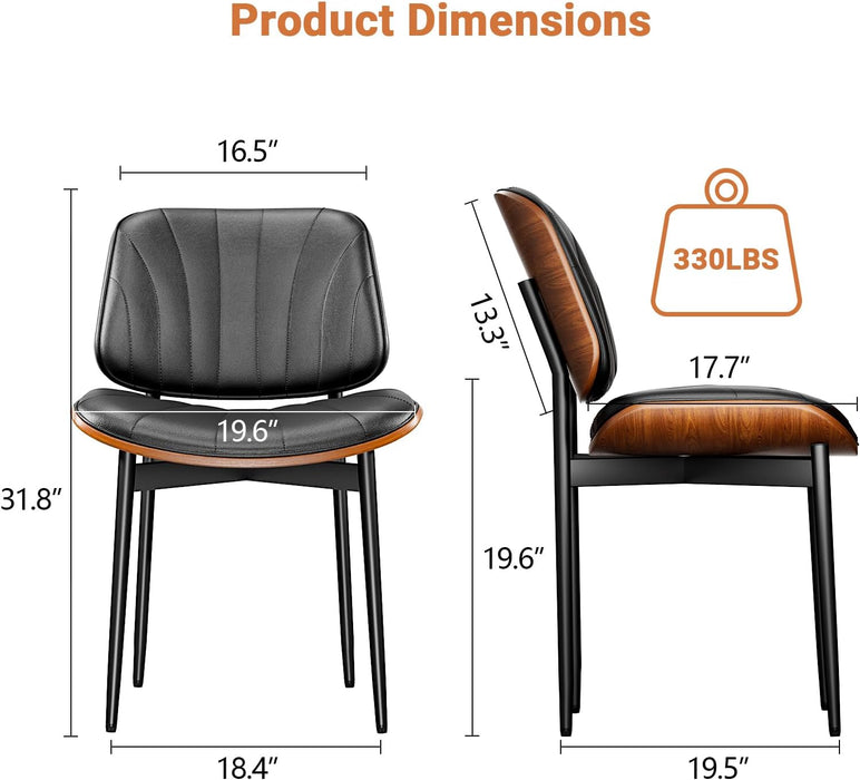 Dining Chairs Set of 2, Dining Room and Kitchen Chairs, FSC Certified Mid Century Modern Accent Chair, Upholstered PU Leather Chairs for Vanity with Walnut Bentwood and Metal Legs, Black