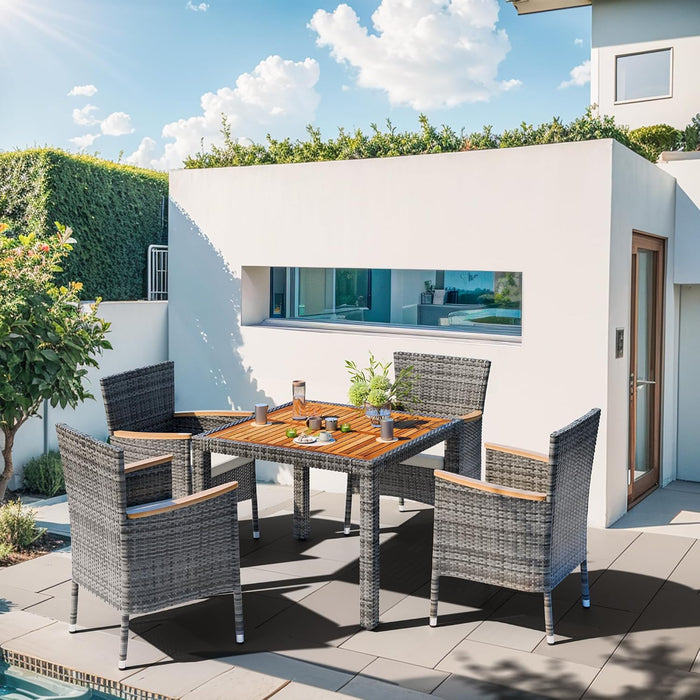 5 Piece Patio Dining Set, Wicker Patio Conversation Set with Wooden Table Top, Outdoor Table and Chairs with Soft Cushions for Backyard, Deck and Garden, Grey Wicker