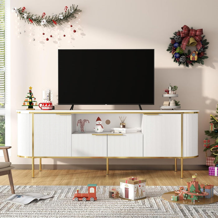 White Fluted TV Stand: 70" Luxury Entertainment Center with Storage for 80 Inch Tvs, Modern TV Consoles for Living Room, Wood Media Console with Faux Marble Top