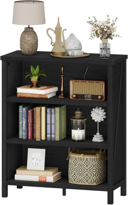 Small Black Bookshelf, 3 Tier Short Book Shelf, Farmhouse Bookcase Storage Organizer, Wooden Book Cases for Small Space, Office, Bedroom, Living Room, Apartment (Black Oak)
