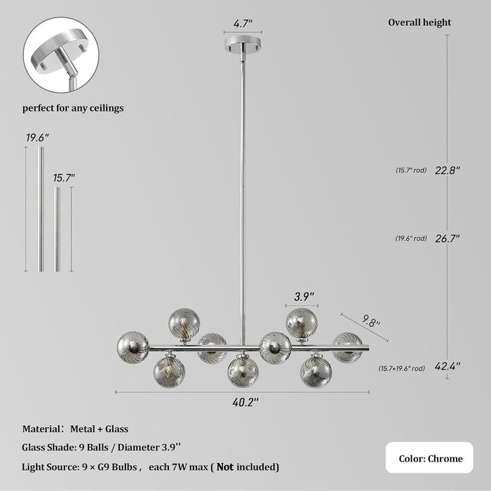 Mid Century Modern Sputnik Chandeliers,9-Light Dining Room Light Fixture | Globe Smoke Grey Glass Dining Room Chandeliers,Chrome Long Linear Sputnik Ceiling Light,Modern Pendant Light Kitchen Island