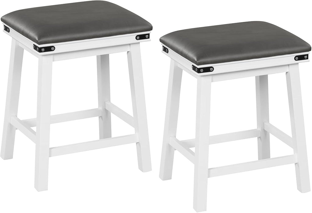 24" Counter Height Bar Stools Set of 2, Faux PU Leather Farmhouse Wood Barstools with Padded Seat, Solid Wood Frame, Max Load 330 Lbs, Saddle Stools for Kitchen Island Pub, White