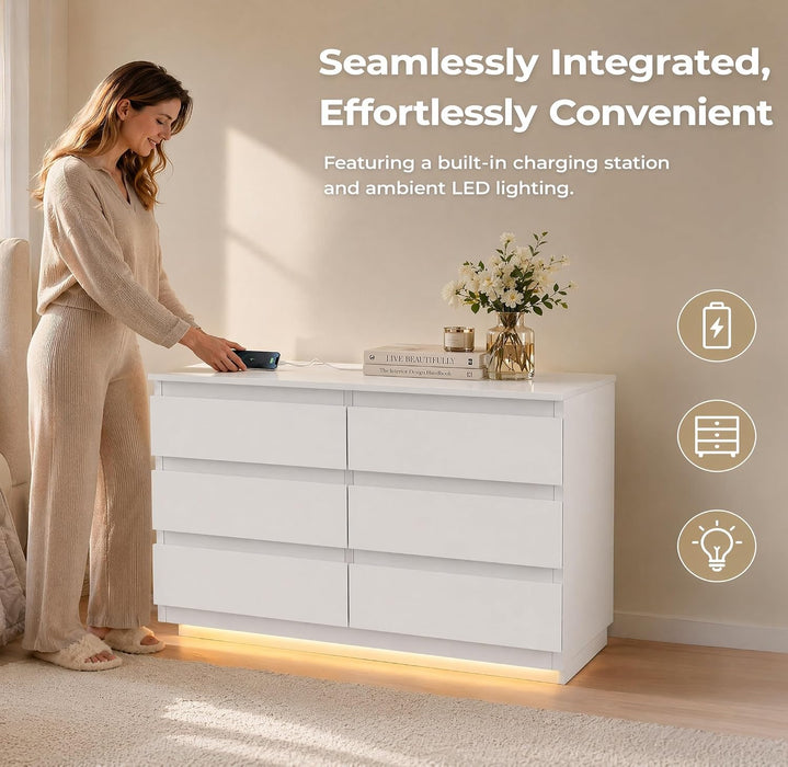 White 6 Drawer Dresser with Led Light and Charging Station for Bedroom