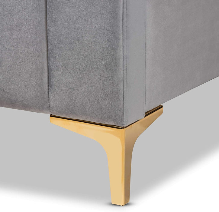 Nami Modern Contemporary Glam and Luxe Light Grey Velvet Fabric Upholstered and Gold Finished Queen Size Platform Bed