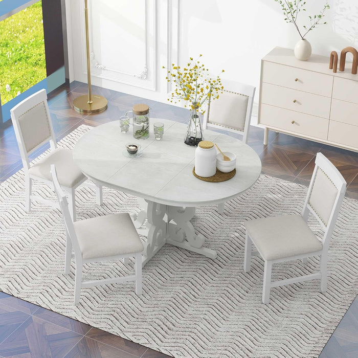 round Solid Wood Dining Table Set for 4, Farmhouse Kitchen Table Set with 4 Upholstered Chairs, 5-Piece Table and Chairs Set for Kitchen, Dining Room, Living Room, Antique White