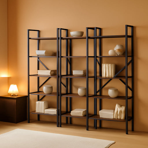 Triple 4 Tier Bookshelf, Bookcase with 11 Open Display Shelves, Wide Book Shelf Book Case for Home & Office, Rustic Brown