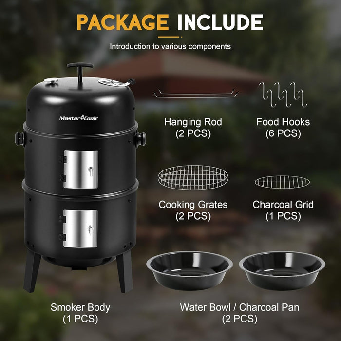 16 Inch Charcoal Smoker, Vertical BBQ Grill, Heavy Duty 4 in 1 Fire Pit with Built-In Thermometer & Adjustable Vent System for Backyard Patio Camping