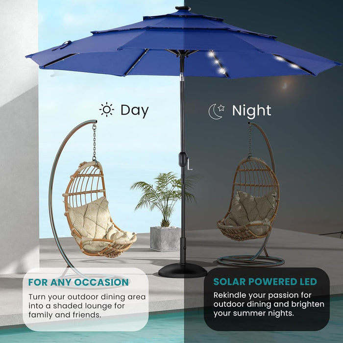 Outdoor Solar Patio Umbrella 3 Tiers with 32 LED Lights, Beach Market Table Umbrella with Crank and 8 Sturdy Ribs for Pool, Terrace, Restaurant