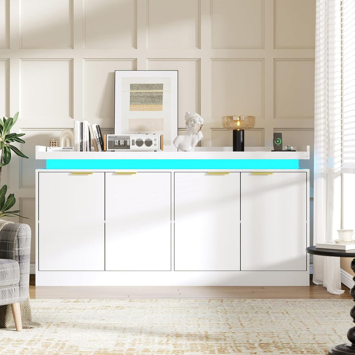 63" Sideboard Buffet Cabinet, Kitchen Buffet Cabinet Storage Cabinets with Power Outlets & LED Light, Modern Sideboard Coffee Bar Buffet Cabinets for Kitchen, Dinning, Living Room, White