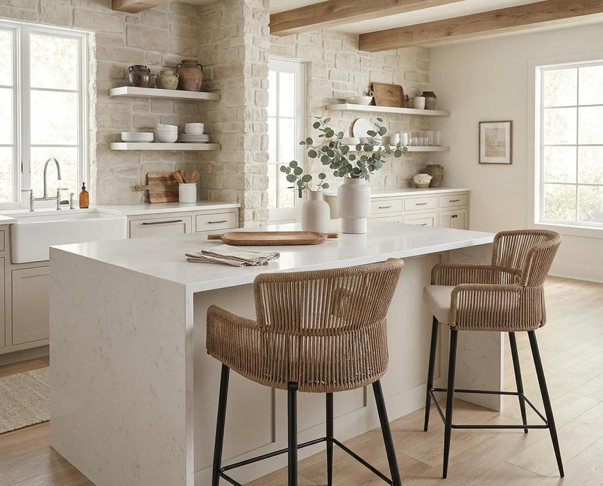 Farmhouse Woven Bar Stools Set of 3, 26 Inch Linen Upholstered Rattan Barstools with Curved Backs, Modern Cane Counter Height Bar Chairs with Metal Legs and Armrest for Kitchen Island, Beige