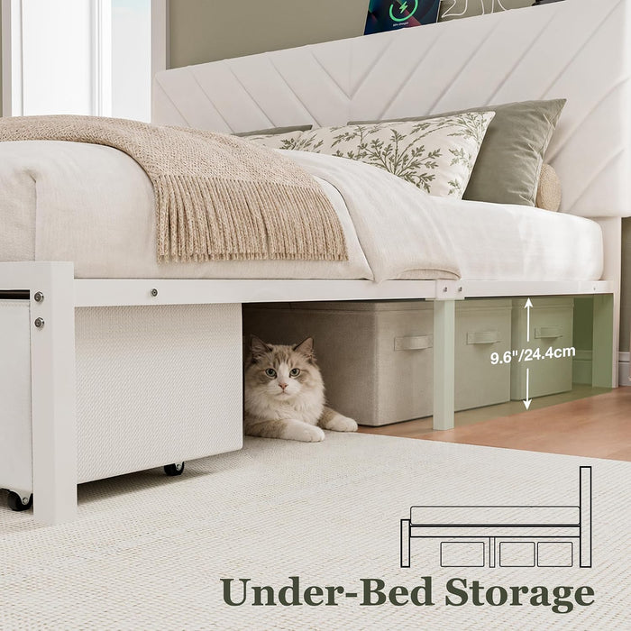 Queen Bed Frame with 2 Storage Drawers, White Velvet Upholstered