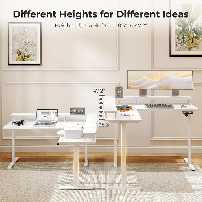 Electric L Shaped Standing Desk, 59 Inch Height Adjustable Stand up Desk with Power Outlets ＆ Full Monitor Stand, Reversible Corner Desk for Home Office ＆ Computer Workstation, White