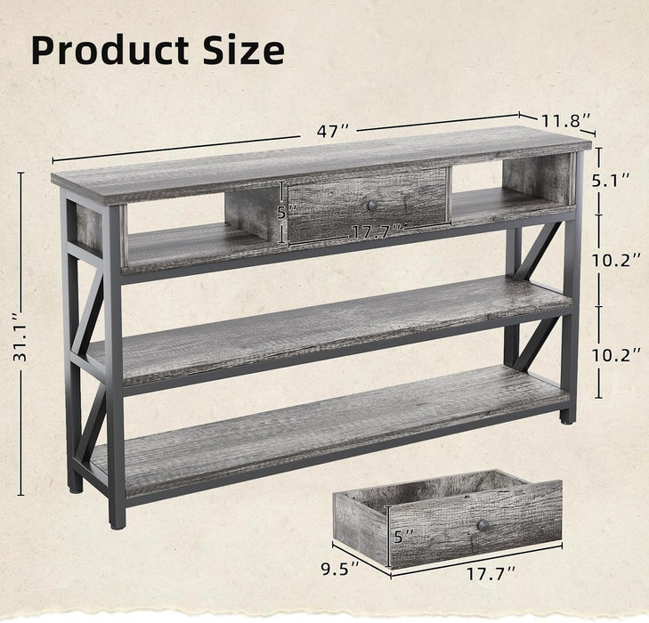 47 Inch Console Sofa Table with Drawer, Industrial Entryway Table with Storage Shelves, Storage Organizer for Hallway Living Room Couch Foyer Kitchen Counter, Grey Oak