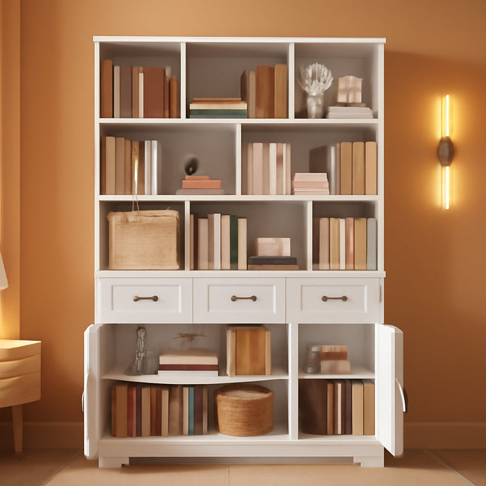 Bookshelf with Drawers & Doors, Tall Bookshelf with Storage, Bookcase with Cabinets for Home Office, Living Room, White