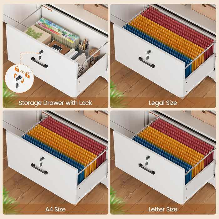 56.7" L Shaped Standing Desk, Reversible Computer Office Desk with Drawers & Hutch, Stand up Corner Gaming Desks with LED Lights & Power Outlets for Home Office, White