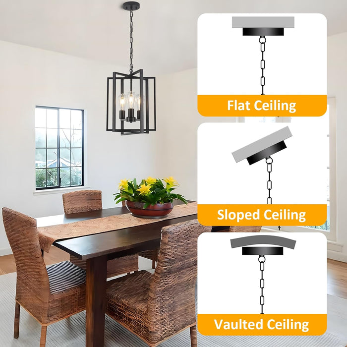 Black Farmhouse Modern Chandelier Light Fixture for Dining Room, 3 Light Rustic Kitchen Island Metal Pendant Hanging, Adjustable Geometric Foyer Light Fixtures for Entryway Hallway Living Room