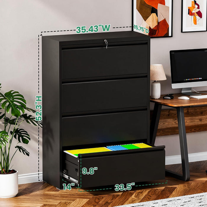 4 Drawer File Cabinet,Metal Lateral Filing Cabinet with Lock,Home Office Storage Organizer Cabinet for Legal/Letter/A4/F4 Size Files,35.5" W,Black