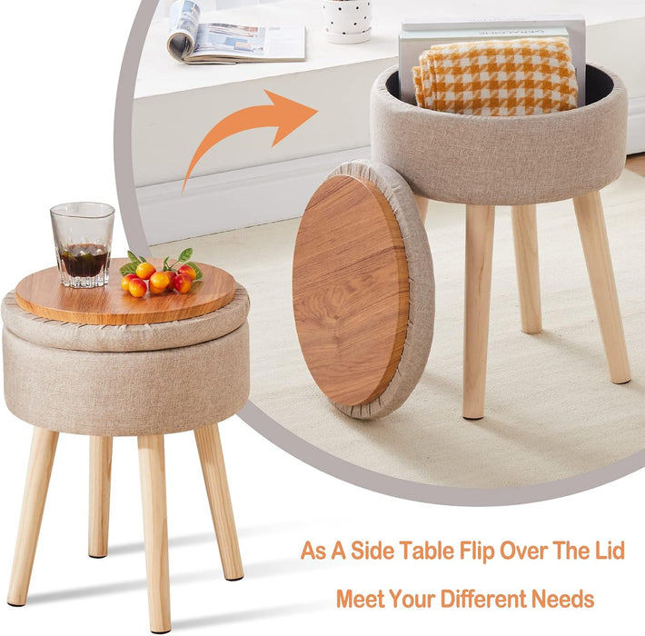 Storage Ottoman Linen round Vanity Stool Tray Top Modern Foot Stool with Wood Legs Multifunctional Upholstered Foot Ottoman Rest for Living Room, Bathroom, Makeup (Khaki)