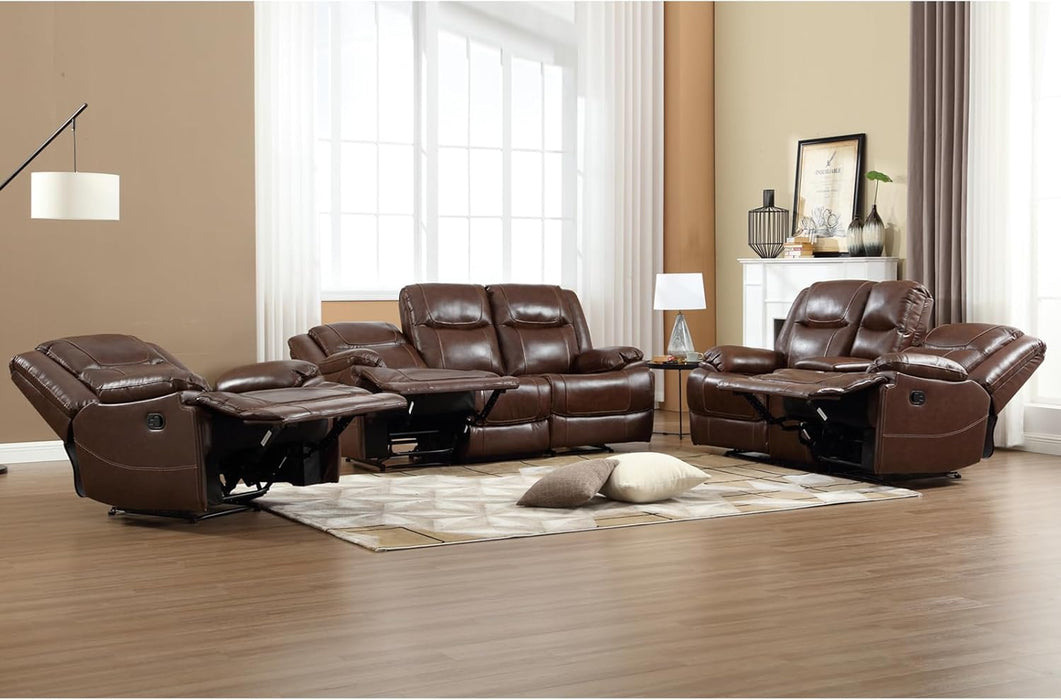 Genuine Leather Manual Recliner Sofa Set, Recliner Chair, Loveseat Reclining Sofa and 3 Seat Recliner Sofa, Couch Furniture Set for Living Room, Meeting Room, Brown(Recliner+Loveseat+Sofa)