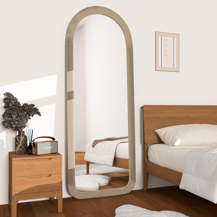 Full Length Mirror 56"X20" Arch Floor Mirror with Stand Arched Full Body Mirror Standing Hanging or Leaning against Wall for Bedroom Flannel Wrapped Wooden Frame Milk Tea