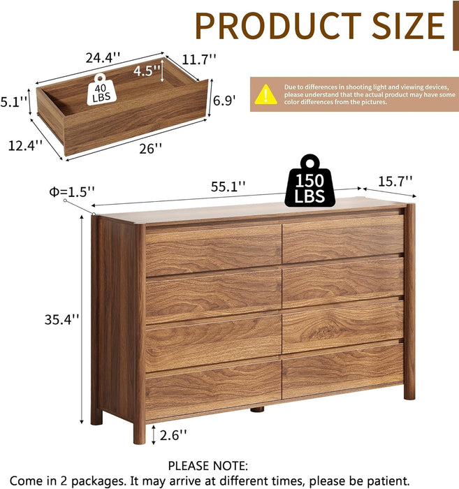 Walnut Dresser for Bedroom，55" Wide Mid Century Chest of Drawers with 8 Large Storage Space and 4 Solid Wood Cylindrical Legs,8 Drawer Large Dresser for Bedroom