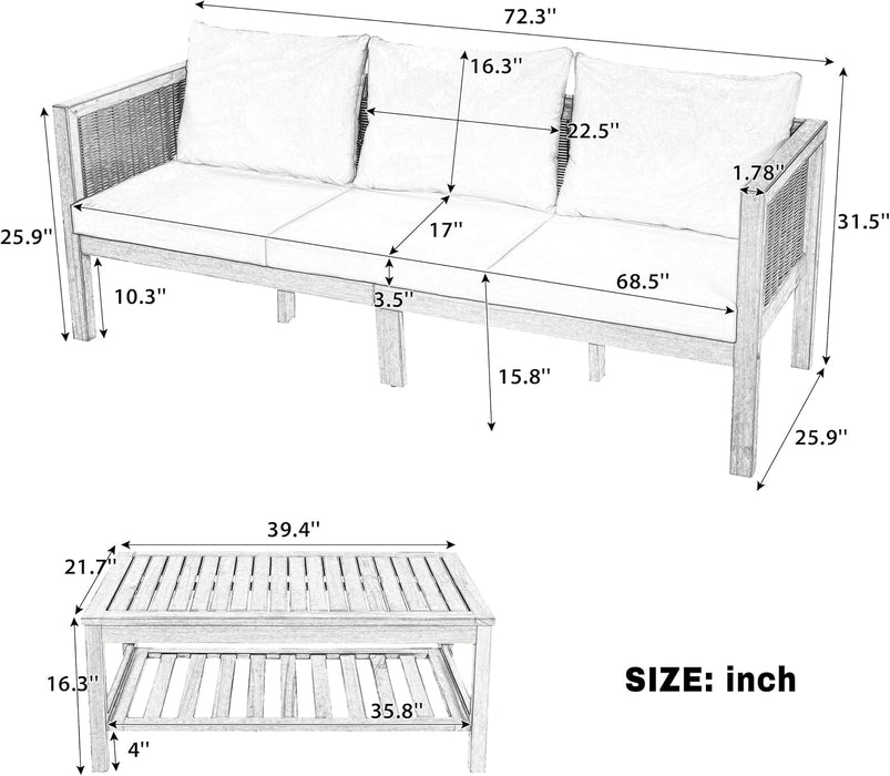 4 Piece Outdoor Conversation Set, Patio Sofa Set with Coffee Table
