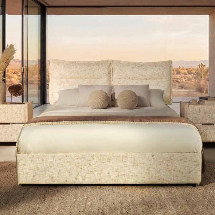 King Size Bed Frame with 4 Storage Drawers & Headboard with Dual Cushions, Freya Collection Upholstered Platform Bed, Oeko-Tex, Noise-Free, No Box Spring, Stone Beige