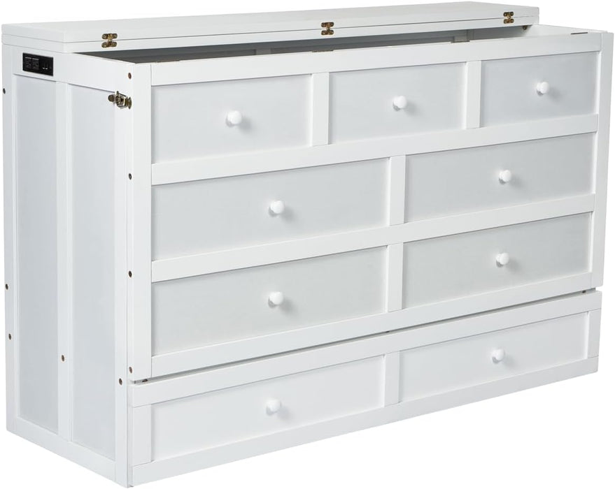 Queen Murphy Bed with Storage Drawer and Charging Station, Cabinet Bed, Farmhouse Murphy Cabinet with Foldable Panel, Noisy Free, for Guest Bedroom, Living Room, White+White Panel