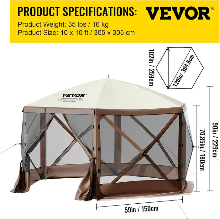 Pop up Gazebo Screen Tent 12 X 12 Ft, 6-Sided Camping Gazebo Instant Canopy Sun Shelter with 6 Removable Privacy Wind Cloths, Mosquito Netting, 300D Oxford Cloth for Patio, Backyard, Lawn